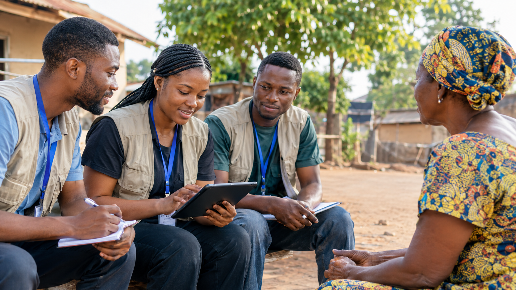 Illustrative image of a field research team conducting a community interview